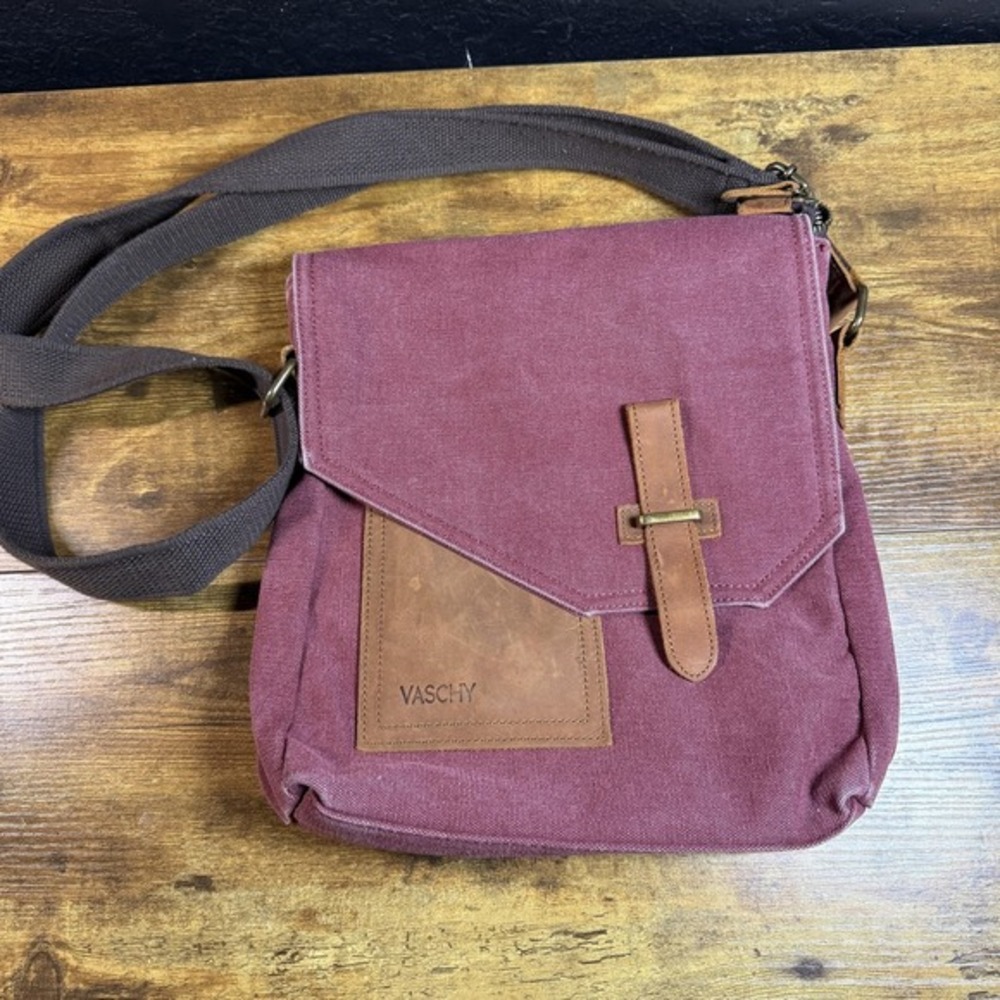Vaschy Canvas Leather Trim Burgundy Messenger Crossbody Bag Unisex‎ Small
